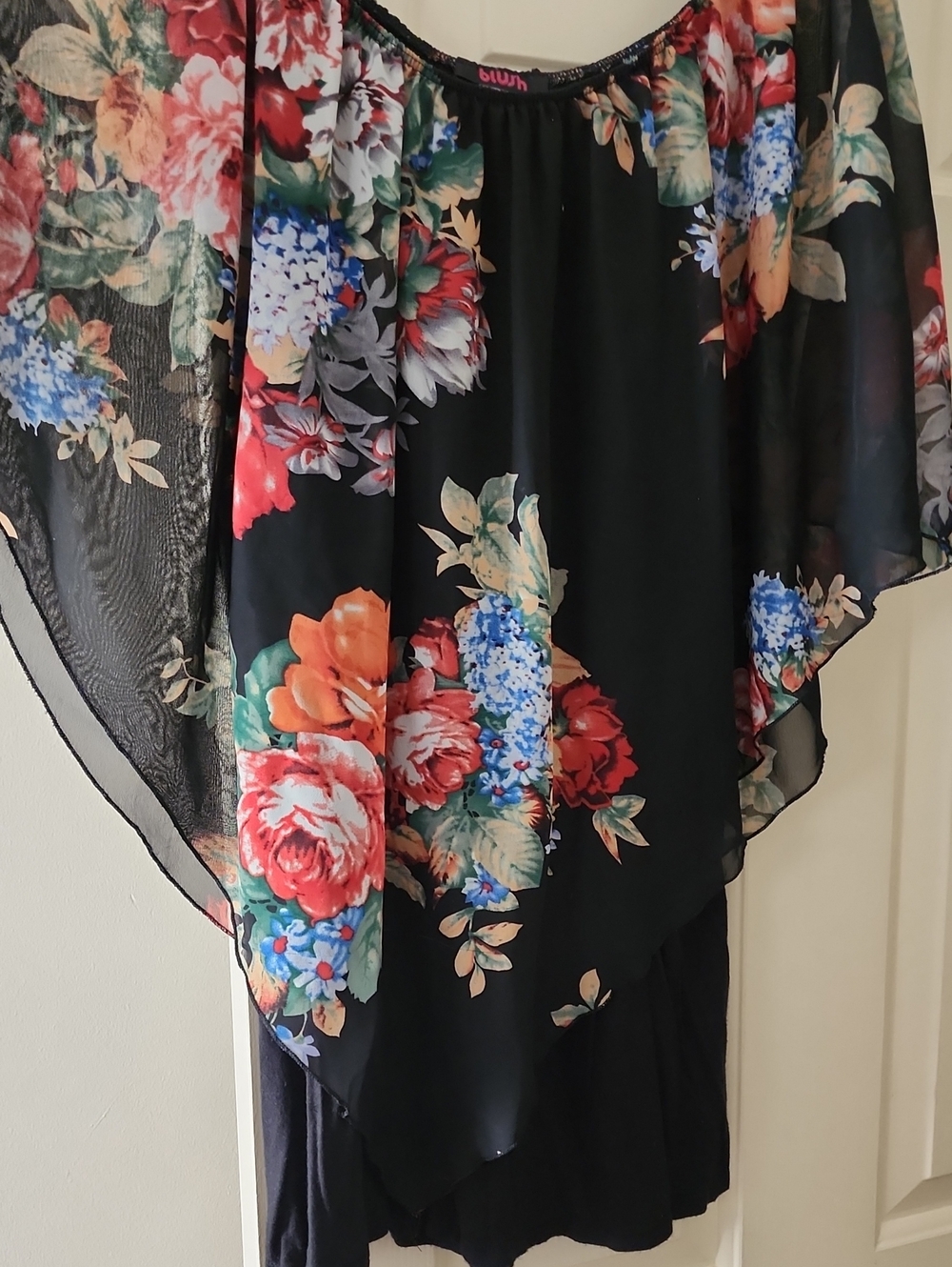 Black Floral Poncho Top with Bright Bouquet Print